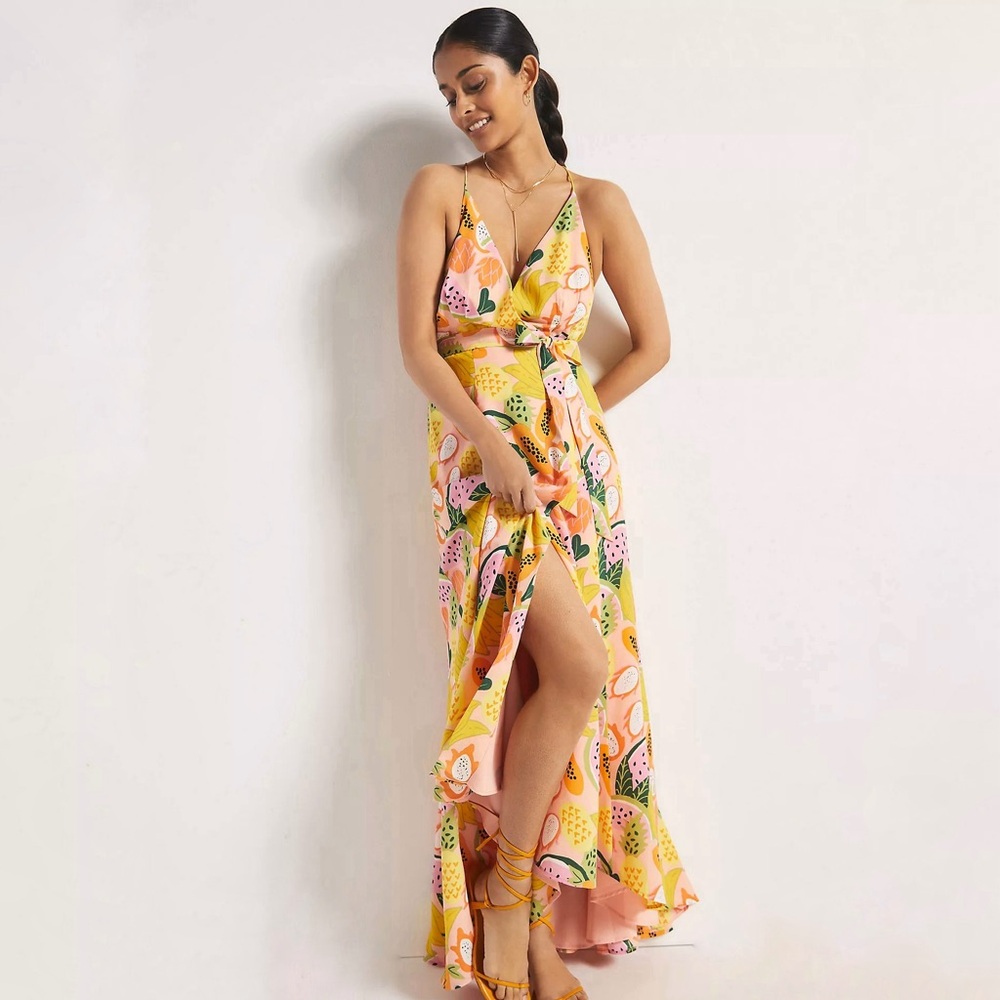 Anthropologie Fruit Print Maxi Dress Hutch Hi Lo Wrap Floor Length Summer Gown
